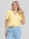 Blusa Feminina de Algodão Manga Bufante Decote V Alice Amarelo Manteiga