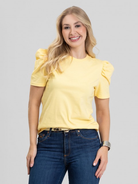 Blusa Feminina Manga Bufante de Algodão Lisa Serena Amarelo Clara