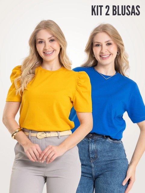 Kit 2 Peças Camiseta Manga Bufante Amarelo e Básica Azul Bic | Vai Brasil