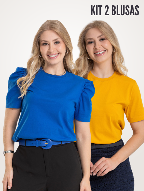 Kit 2 Peças Camiseta Manga Bufante Azul Bic e Básica Amarelo | Vai Brasil