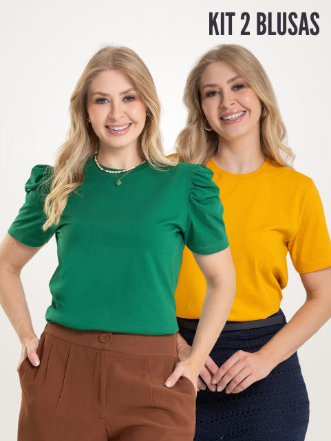 Kit 2 Peças Camiseta Manga Bufante Verde Folha e Básica Amarela | Vai Brasil