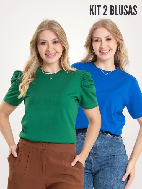 Kit 2 Peças Camiseta Manga Bufante Verde Folha e Básica Azul Bic | Vai Brasil