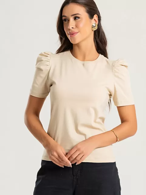 Kit 2 Peças Blusa Feminina Manga Bufante de Algodão Lisa Serena Preto e Bege