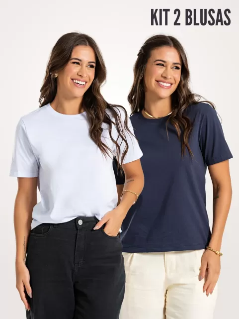 Kit 2 Peças Camiseta Feminina Básica Manga Alongada Ana Branco e Marinho