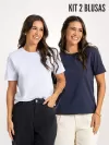 Kit 2 Peças Camiseta Feminina Básica Manga Alongada Ana Branco e Marinho