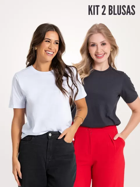 Kit 2 Peças Camiseta Feminina Básica Manga Alongada Ana Branco e Grafite
