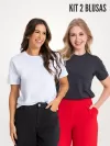 Kit 2 Peças Camiseta Feminina Básica Manga Alongada Ana Branco e Grafite