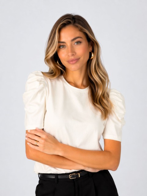 Blusa Feminina Manga Bufante de Algodão Lisa Serena Off White