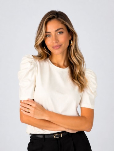 Blusa Feminina Manga Bufante de Algodão Lisa Serena Off White