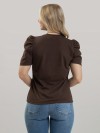 Blusa Feminina em Algodão Premium Manga Bufante Lisa Serena Marrom Café