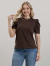 Blusa Feminina em Algodão Premium Manga Bufante Lisa Serena Marrom Café