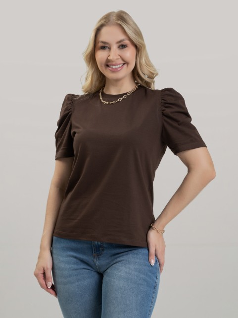 Blusa Feminina em Algodão Premium Manga Bufante Lisa Serena Marrom Café