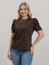 Blusa Feminina em Algodão Premium Manga Bufante Lisa Serena Marrom Café