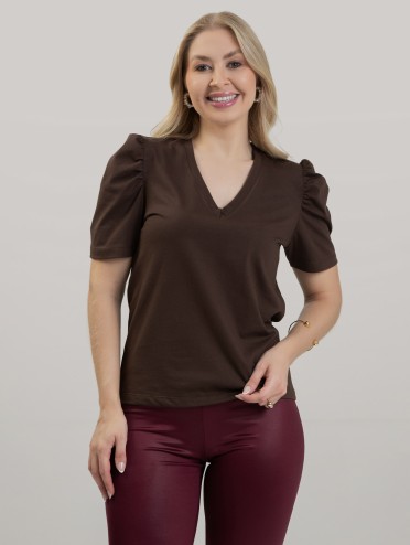 Blusa Feminina em Algodão Premium Manga Bufante Decote V Alice Marrom Café