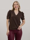 Blusa Feminina em Algodão Premium Manga Bufante Decote V Alice Marrom Café