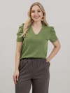 Blusa Feminina em Algodão Premium Manga Bufante Decote V Alice Verde Oliva