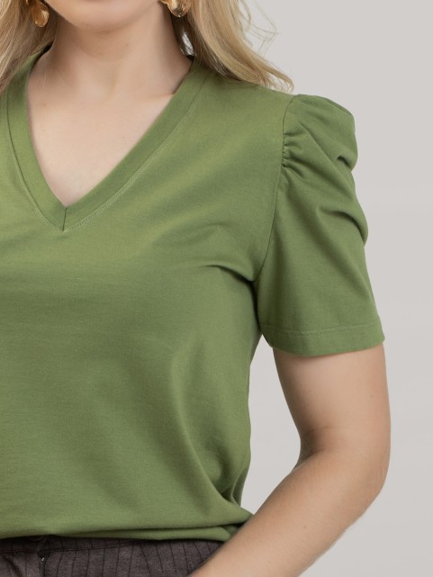 Blusa Feminina em Algodão Premium Manga Bufante Decote V Alice Verde Oliva
