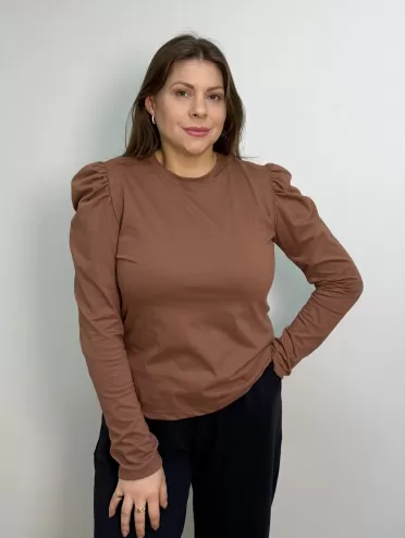 Blusa Feminina Manga Longa Bufante de Algodão Lisa Clara Marrom