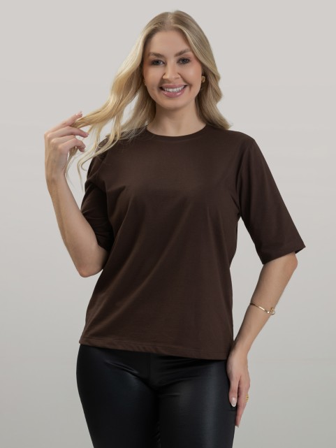Camiseta Feminina Algodão Premium Lisa Manga No Cotovelo Amélia Café