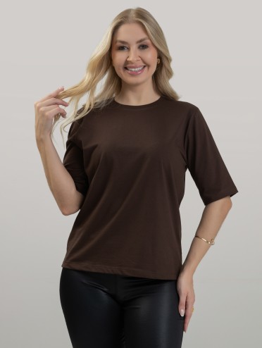 Camiseta Feminina Algodão Premium Lisa Manga No Cotovelo Amélia Café