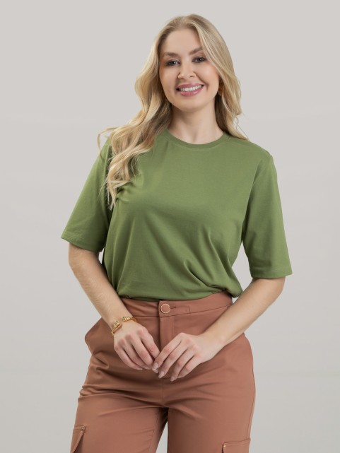 Camiseta Feminina Algodão Premium Lisa Manga No Cotovelo Amélia Oliva