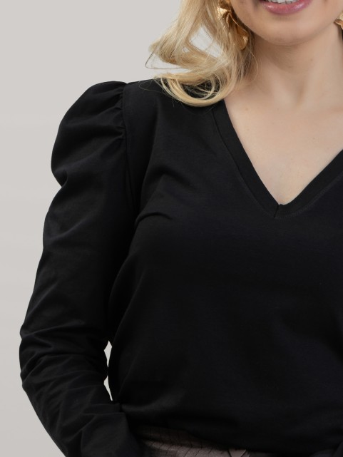 Blusa Feminina em Algodão Premium Decote V com Manga Longa Bufante Elisa Preto