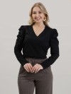 Blusa Feminina em Algodão Premium Decote V com Manga Longa Bufante Elisa Preto