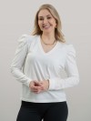 Blusa Feminina em Algodão Premium Decote V Manga Longa Bufante Elisa Off White