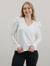 Blusa Feminina em Algodão Premium Decote V Manga Longa Bufante Elisa Off White