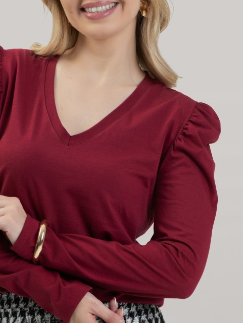 Blusa Feminina em Algodão Premium Decote V Manga Longa Bufante Elisa Vinho