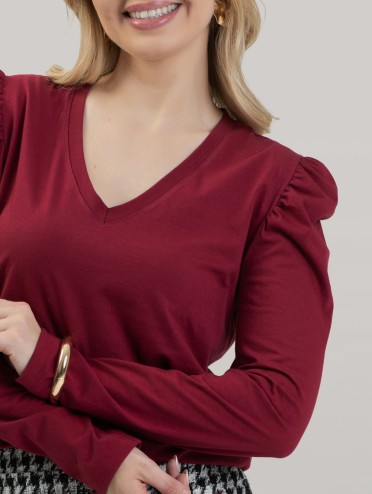 Blusa Feminina em Algodão Premium Decote V Manga Longa Bufante Elisa Vinho