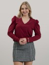Blusa Feminina em Algodão Premium Decote V Manga Longa Bufante Elisa Vinho