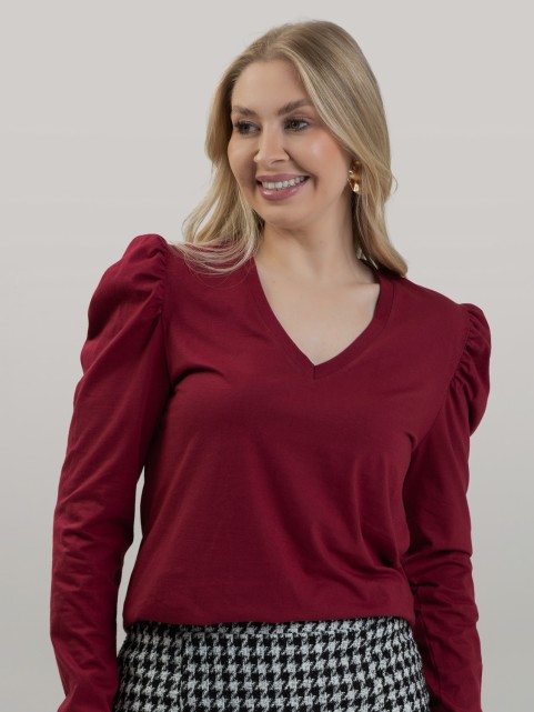 Blusa Feminina em Algodão Premium Decote V Manga Longa Bufante Elisa Vinho
