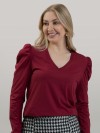 Blusa Feminina em Algodão Premium Decote V Manga Longa Bufante Elisa Vinho