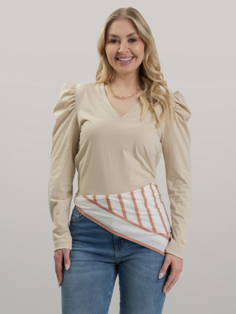 Blusa Feminina em Algodão Premium Decote V Manga Longa Bufante Elisa Bege
