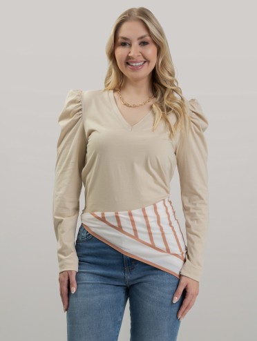 Blusa Feminina em Algodão Premium Decote V Manga Longa Bufante Elisa Bege