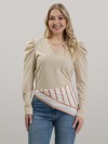 Blusa Feminina em Algodão Premium Decote V Manga Longa Bufante Elisa Bege