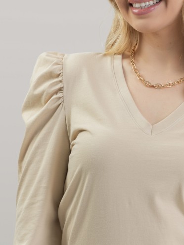 Blusa Feminina em Algodão Premium Decote V Manga Longa Bufante Elisa Bege