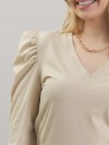 Blusa Feminina em Algodão Premium Decote V Manga Longa Bufante Elisa Bege