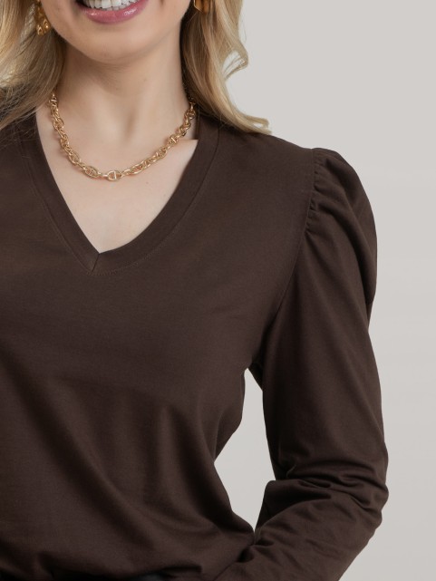 Blusa Feminina em Algodão Premium Decote V Manga Longa Bufante Elisa Marrom Cafe