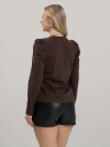 Blusa Feminina em Algodão Premium Decote V Manga Longa Bufante Elisa Marrom Cafe