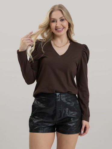 Blusa Feminina em Algodão Premium Decote V Manga Longa Bufante Elisa Marrom Cafe
