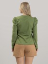 Blusa Feminina em Algodão Premium Decote V Manga Longa Bufante Elisa Verde Oliva