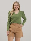 Blusa Feminina em Algodão Premium Decote V Manga Longa Bufante Elisa Verde Oliva