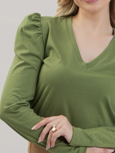 Blusa Feminina em Algodão Premium Decote V Manga Longa Bufante Elisa Verde Oliva
