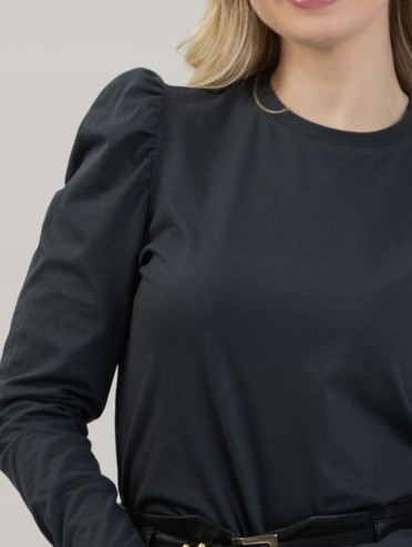 Blusa Feminina em Algodão Premium Manga Longa Bufante Lisa Clara Grafite