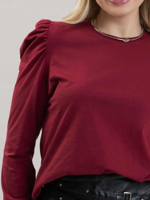 Blusa Feminina em Algodão Premium Manga Longa Bufante Lisa Clara Vinho