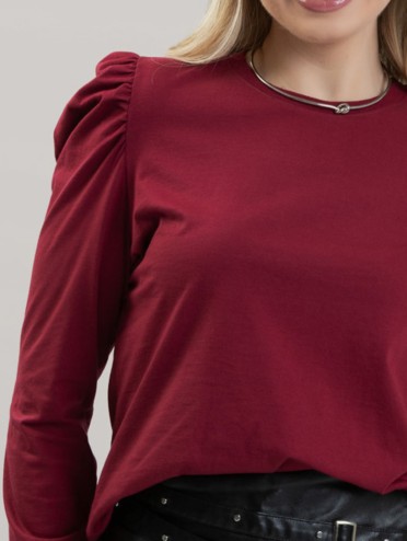 Blusa Feminina em Algodão Premium Manga Longa Bufante Lisa Clara Vinho