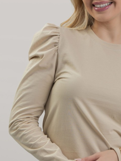 Blusa Feminina em Algodão Premium Manga Longa Bufante Lisa Clara Bege
