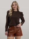 Blusa Feminina em Algodão Premium Manga Longa Bufante Lisa Clara Marrom Café